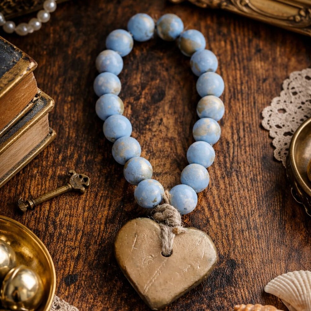 ceramic Bead Garland with Gold Heart Pendant – Rustic Farmhouse Boho Decor